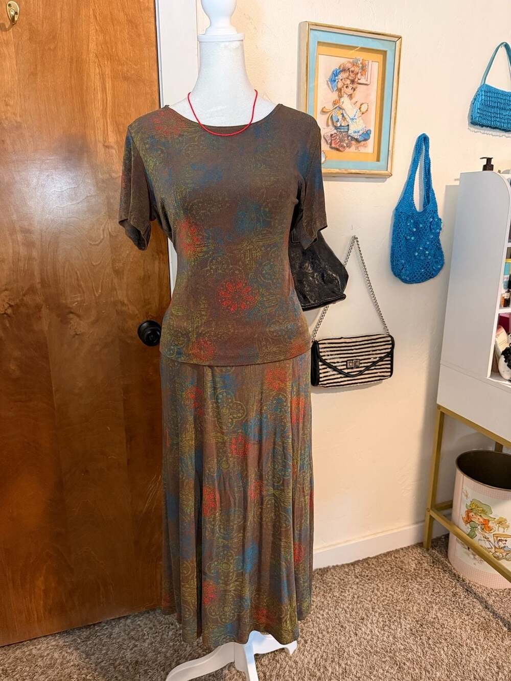 Vintage 90s Renaissance Abstract Mesh 2 Piece Maxi Skirt Set